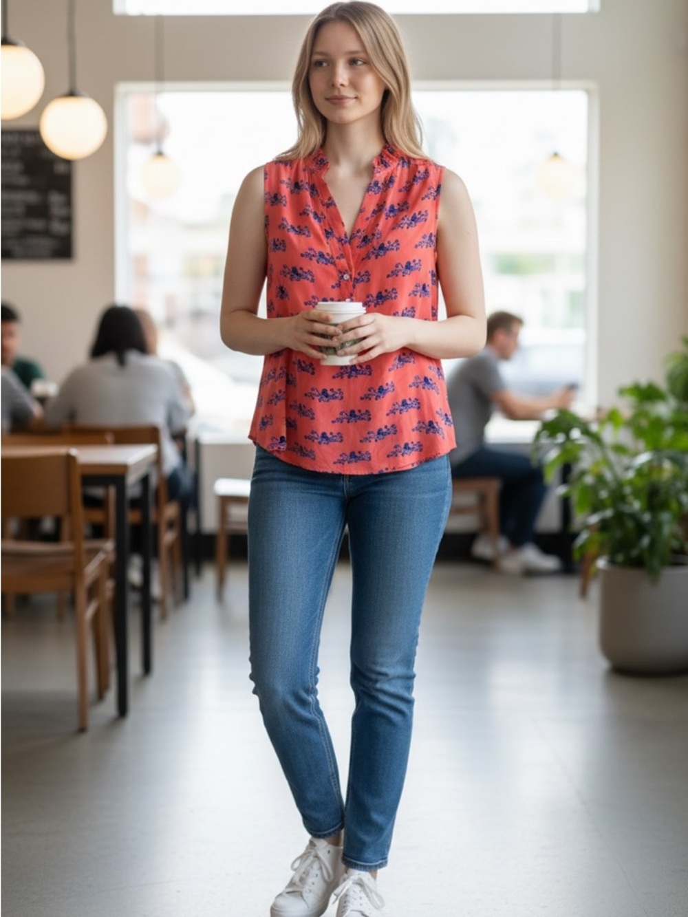 Maeve Coral and Navy Octopus Print Sleeveless Ruffle Top Size 0